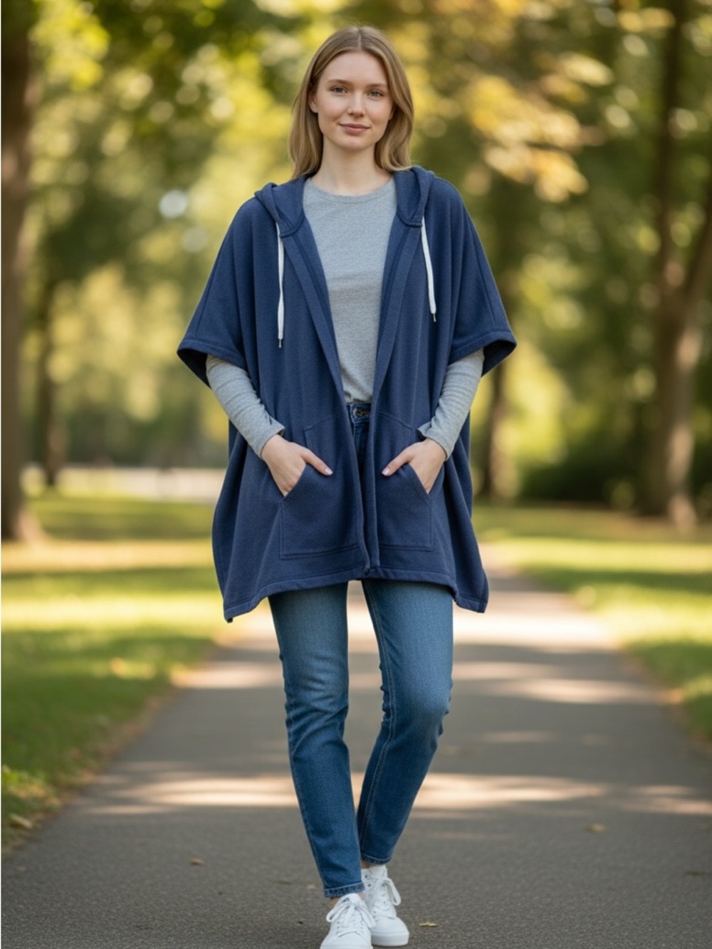 aerie Navy Hooded Poncho with Front Pockets
